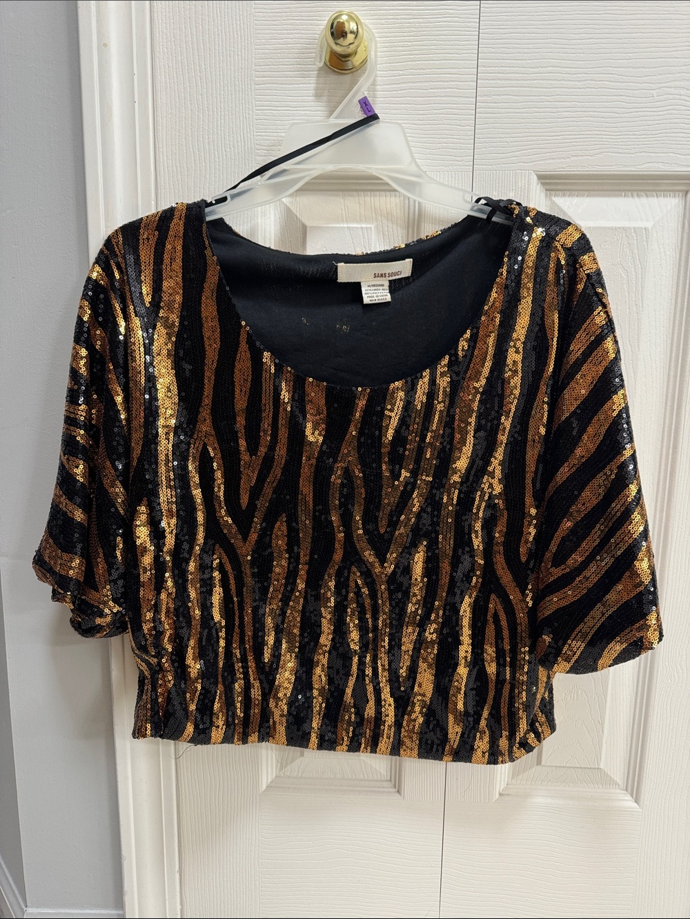 Sans Souci Black and Gold Sequin Zebra-Striped Crop Top